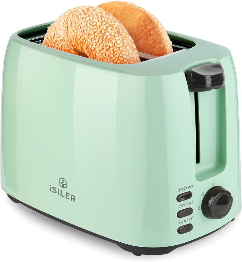 ISILER 2 Slice Toaster, 1.3 Inches Wide Slot Bagel Toaster with 7 Shade Settings and Double Side Baking, Removable Crumb Tray, Defrost Cancel Function Green - Image 1